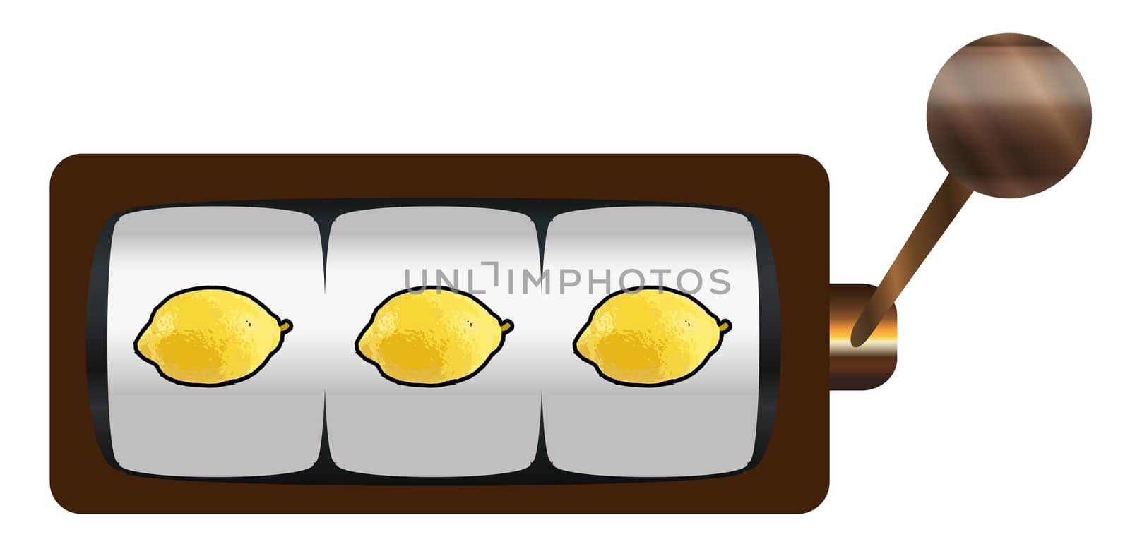 A typical cartoon style three lemons on a spin loser of a one armed bandit or fruit machine over a white background