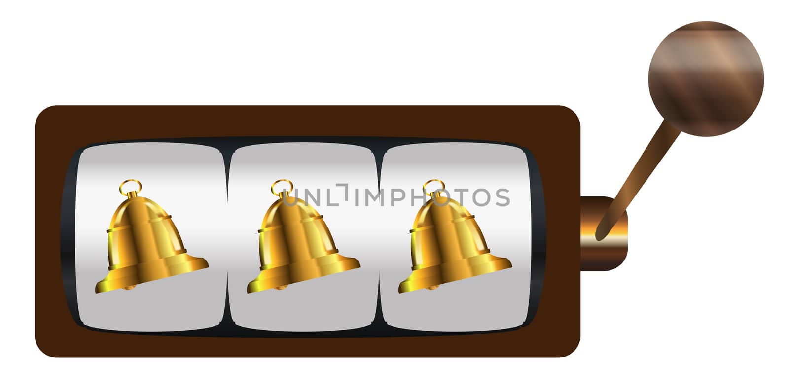 A typical cartoon style three bells on a spin of a one armed bandit or fruit machine over a white background