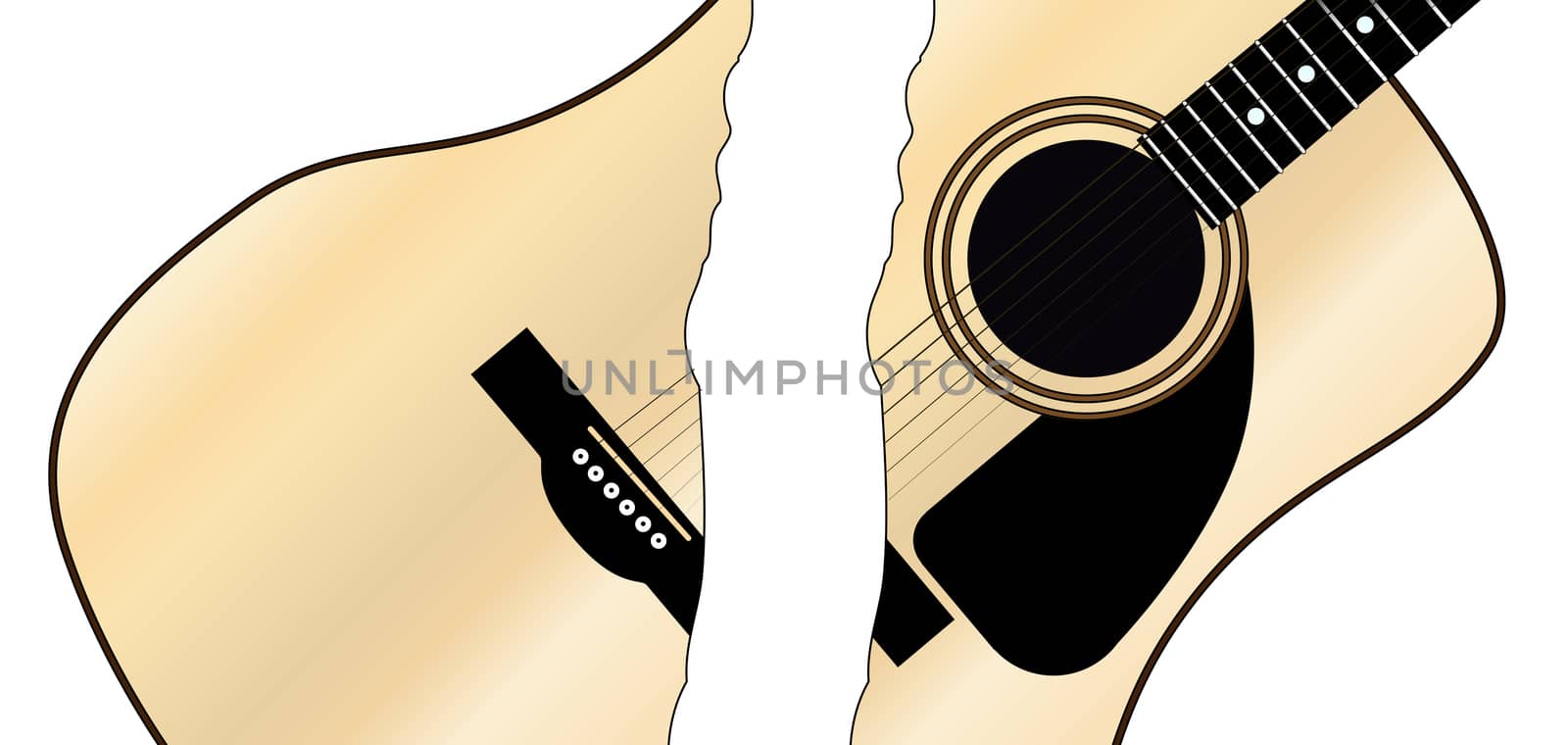 A typical acoustic guitar cutinto two pieces and isolated over a white background.