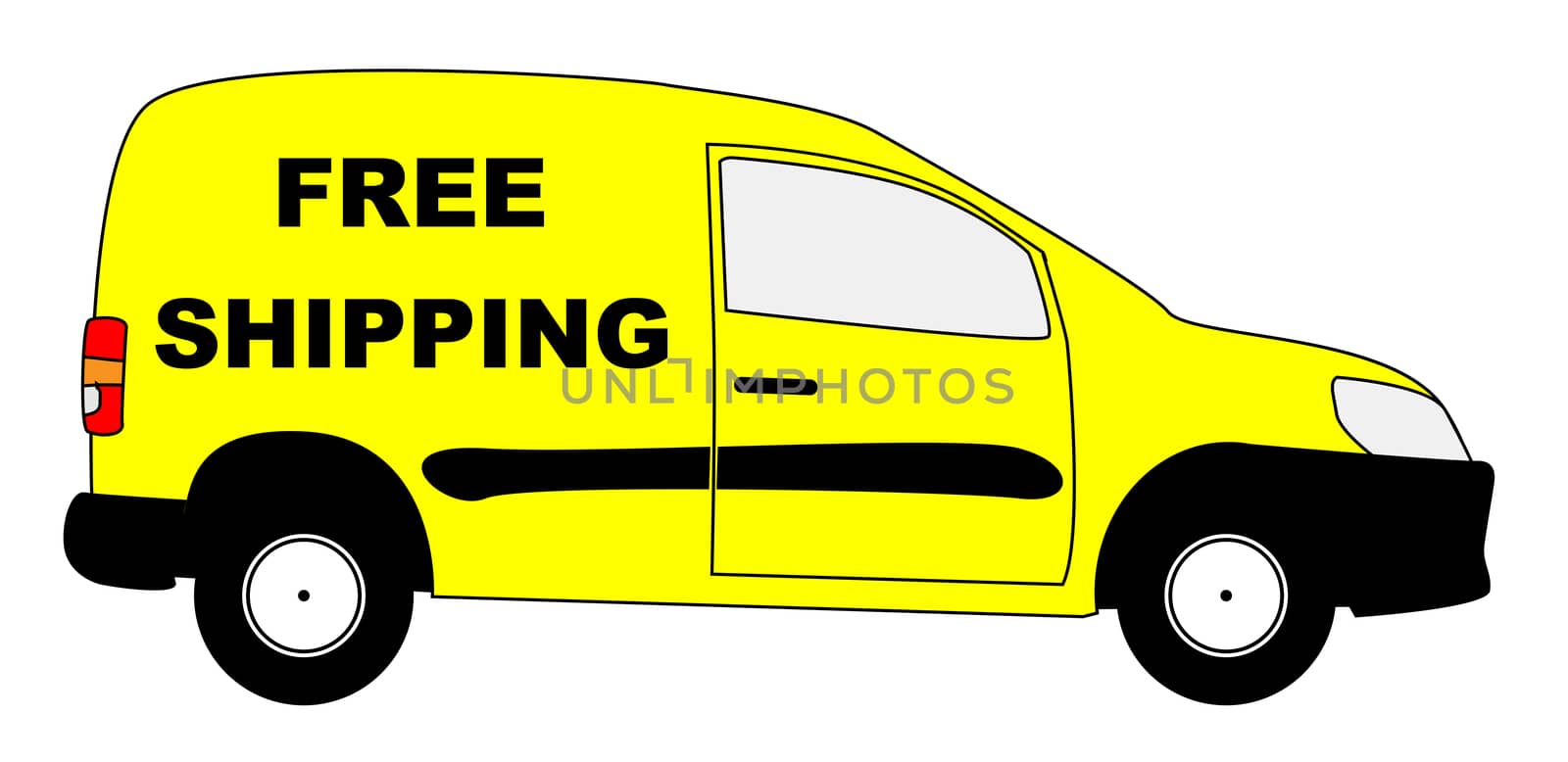 A small delivery van with text FREE SHIPPING isolated on a white background