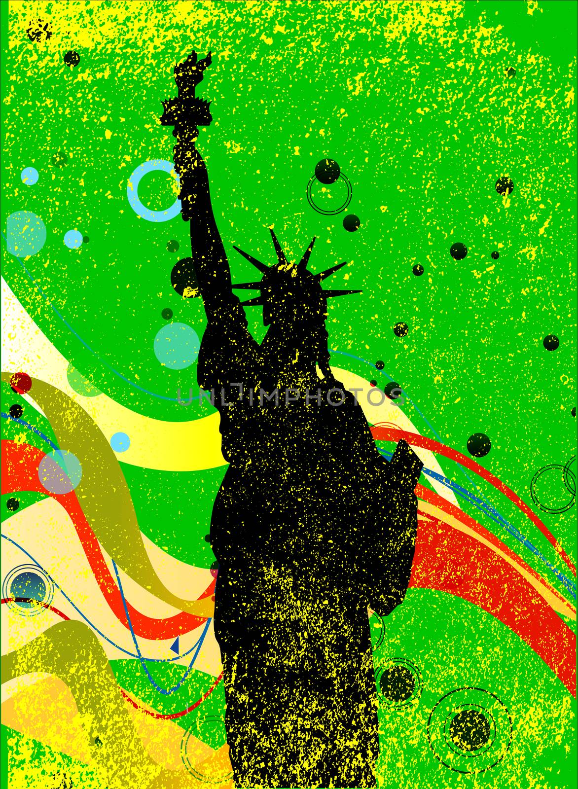 The United States Statue Of Liberty in silhouette into a jazz style grunge background