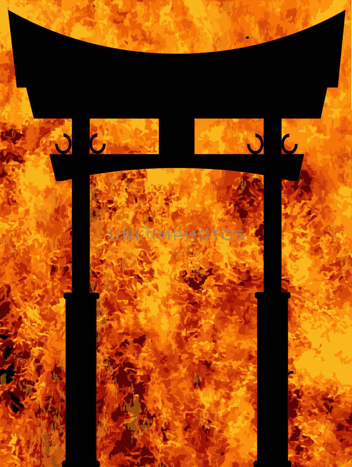 A typical Japanese Tori silhouette over a furnace flames background