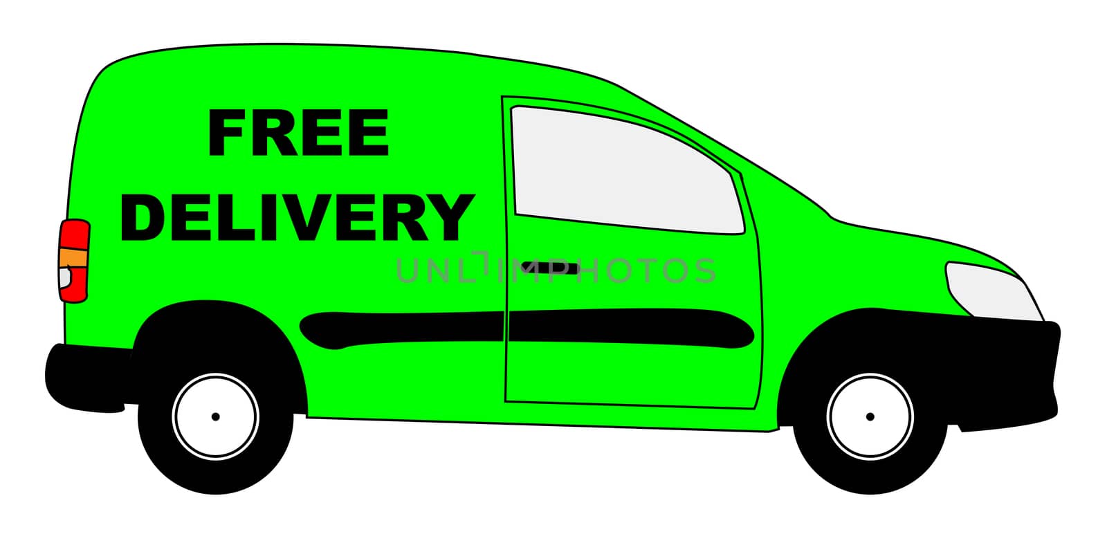 A small delivery van with text FREE DELIVERY isolated on a white background