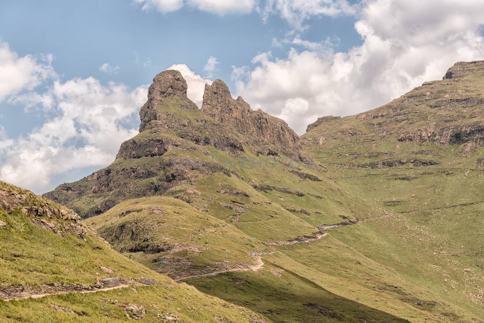 The Sentinel Trail to the Tugela Falls in the Drakensberg climbs past the Three Witches and then zig-zags up the slopes of the Sentinel