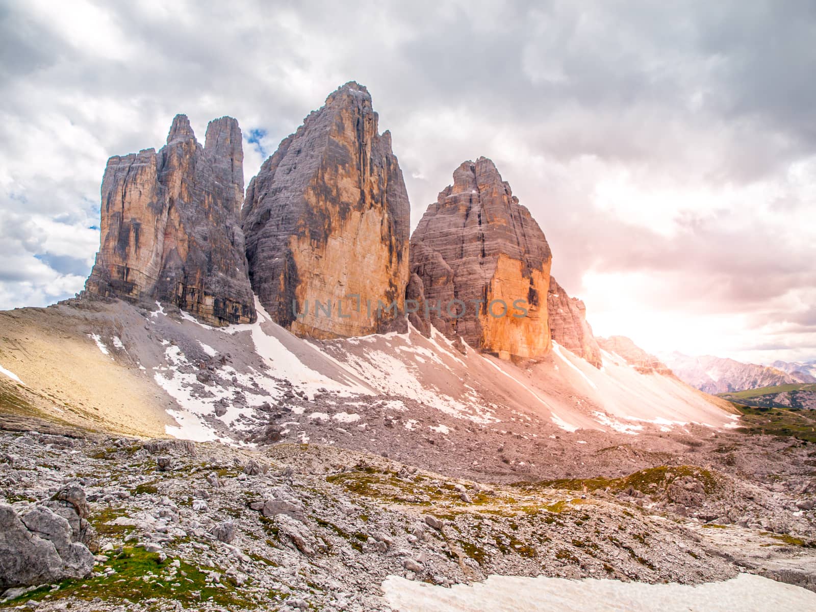 Tre Cime di Lavaredo, aka Drei Zinnen. North face of rock formation in Sexten Dolomites, Italy.