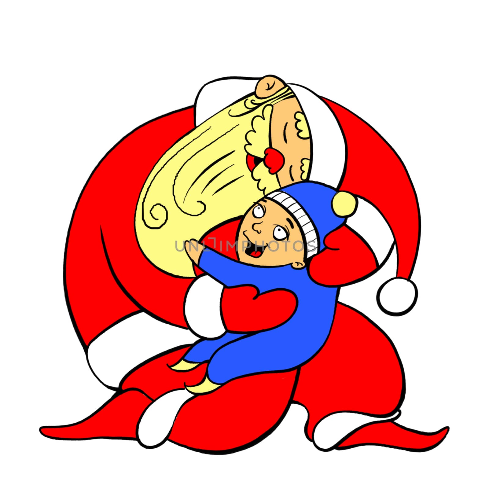 Santa Claus gently holds on his hands and hugs a joyful child by heliburcka