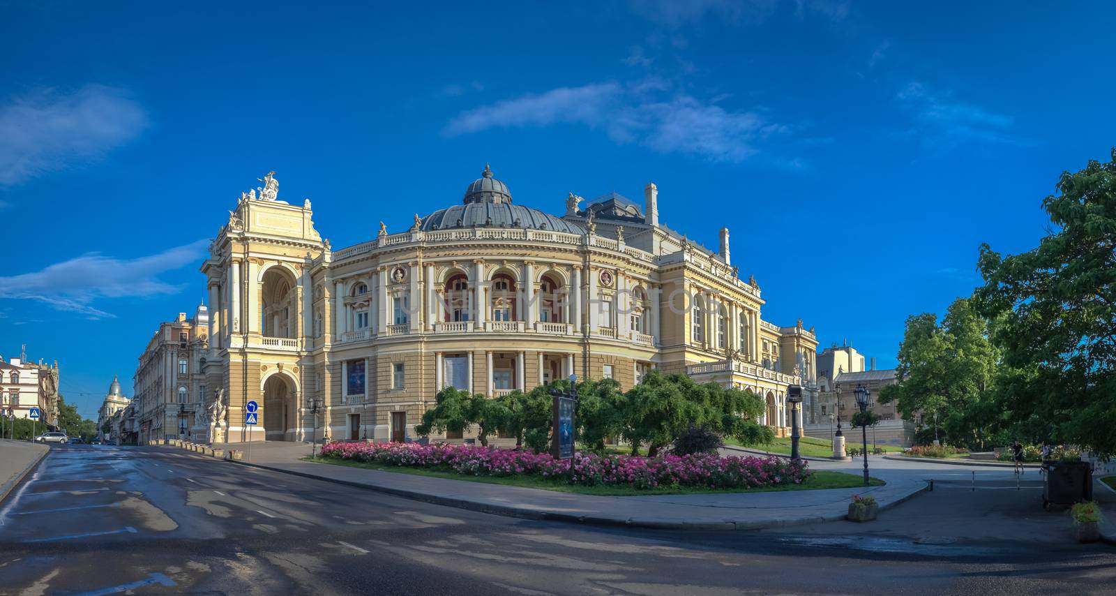 Odessa National Academic Theater of Opera and Ballet in Ukraine. Panoramic view in a summer morning