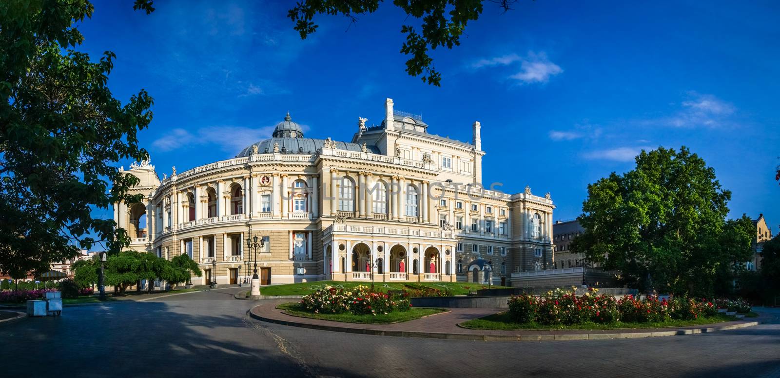 Odessa National Academic Theater of Opera and Ballet in Ukraine. Panoramic view in a summer morning