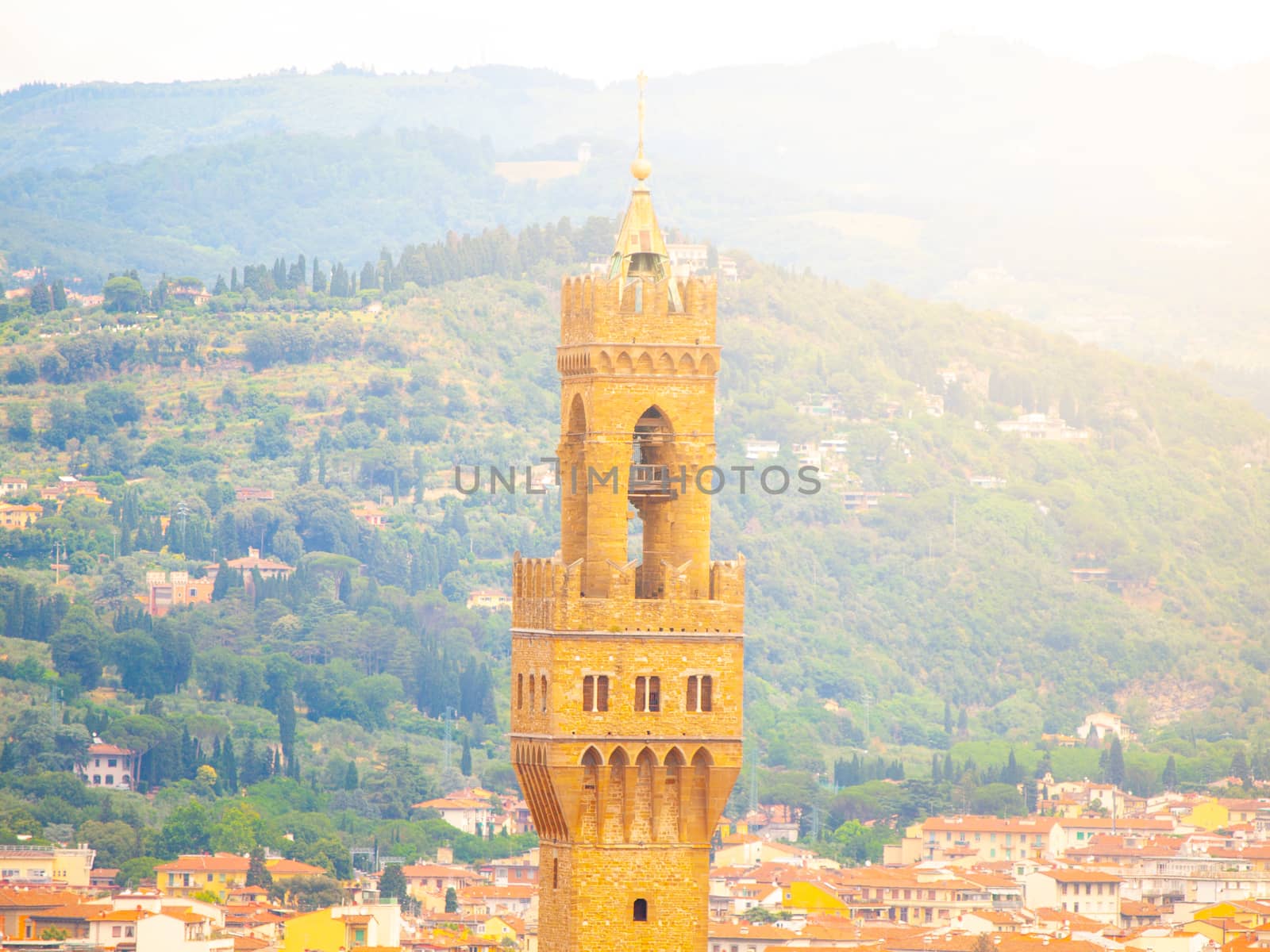 Detailed view of tower of Town Hall Palazzo Vecchio, or Palazzo della Signoria, Florence, Italy.