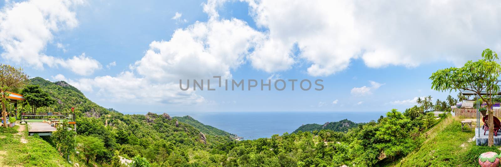 Panorama high angle view beautiful nature landscape blue sea at Aow leuk bay under the summer sky from viewpoint on Koh Tao island is a famous tourist attraction in Surat Thani, Thailand