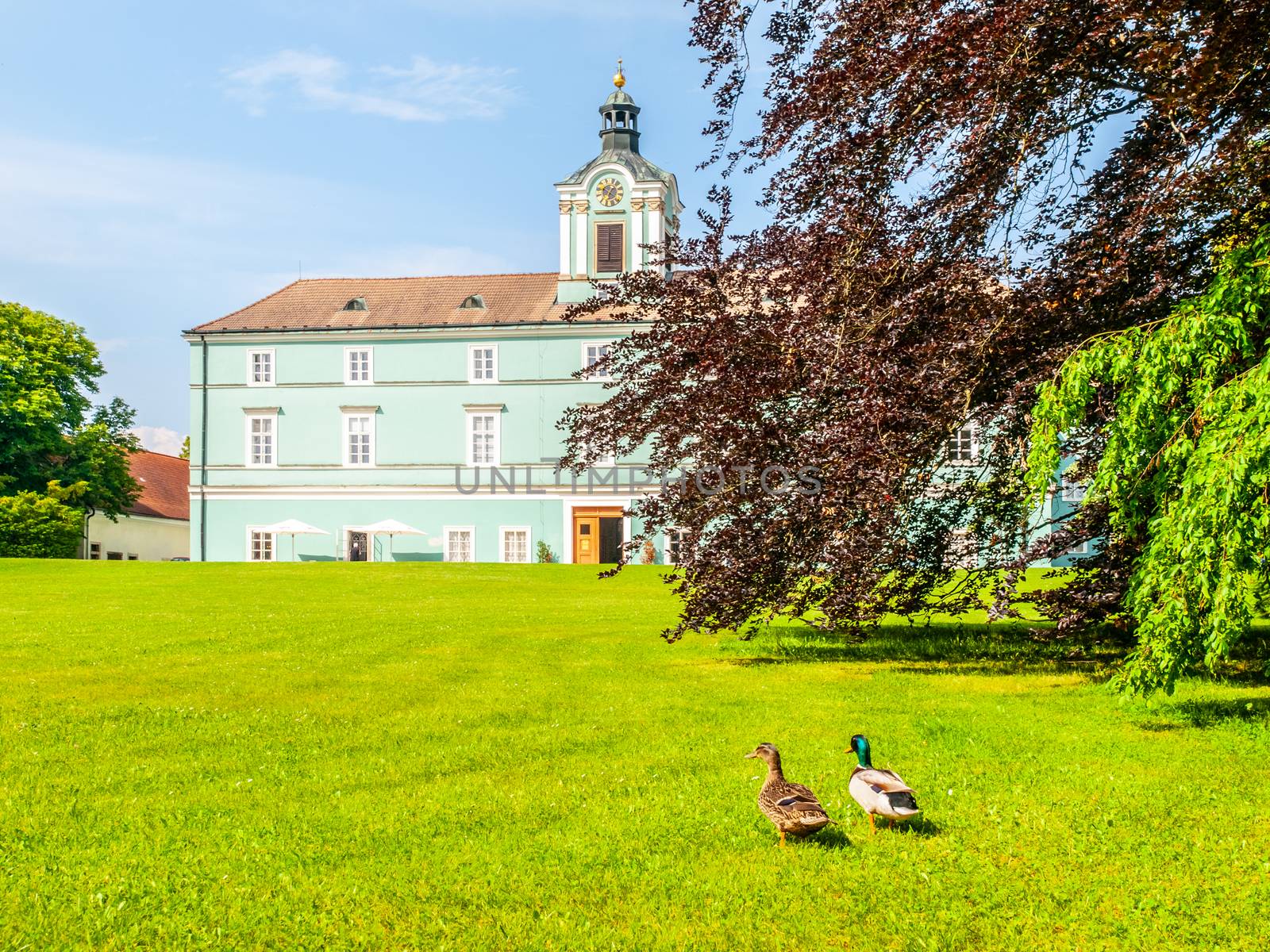 Park and renaissance chateau in Dacice, Czech Republic.