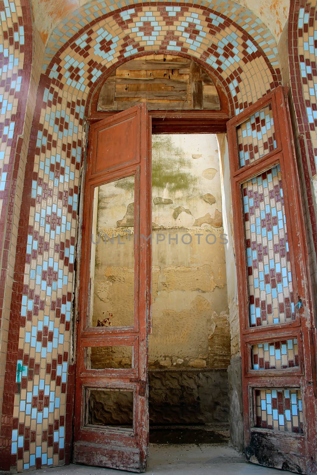 door of The ruins of the old German church. Photo. Ukraine