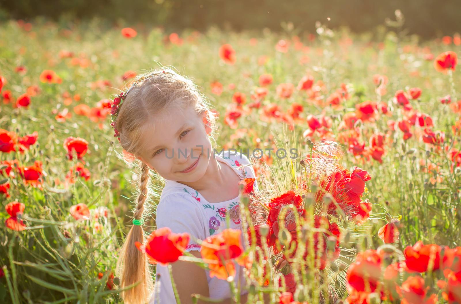 Young girl with bouquet among poppies field at sunset by Angel_a