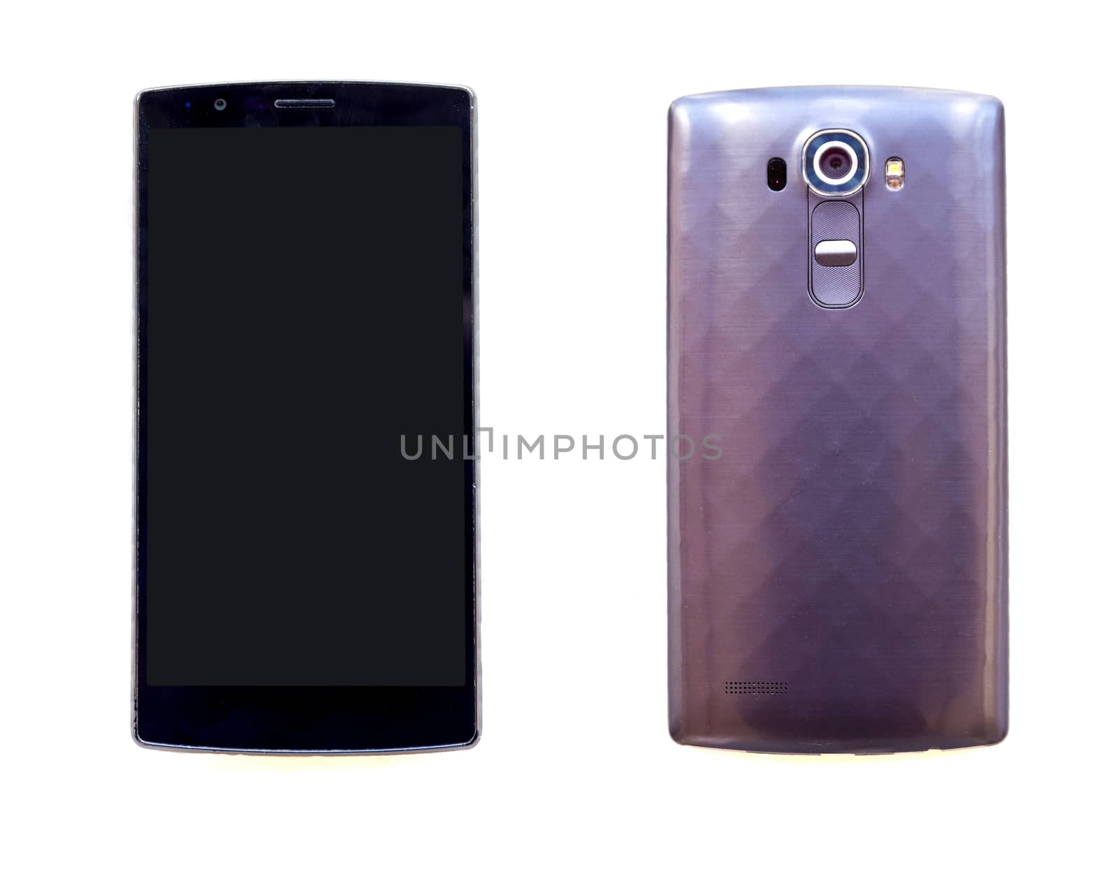 Front and back view of modern smartphone isolated on white background.