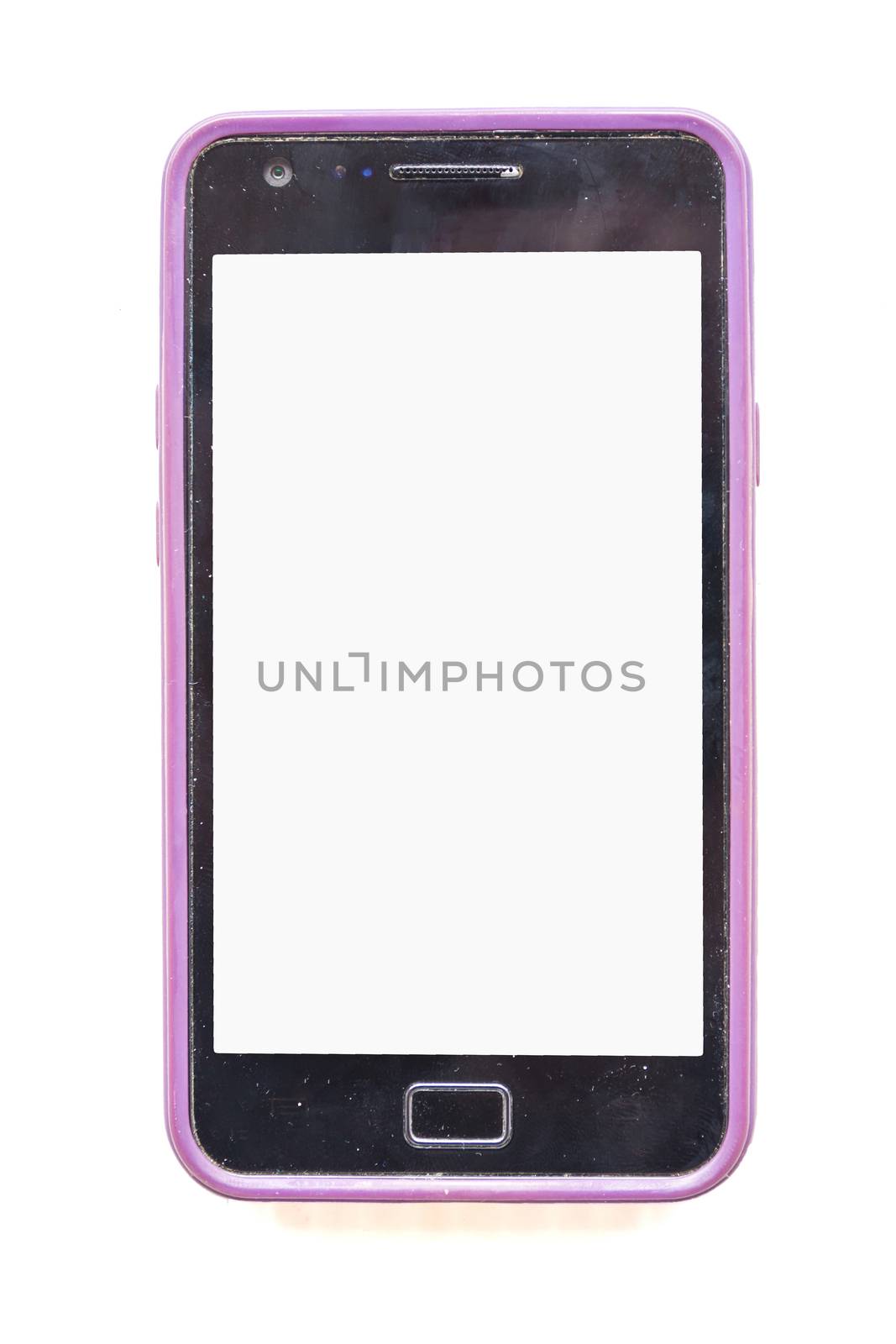 Front view of old smartphone isolated on white background.