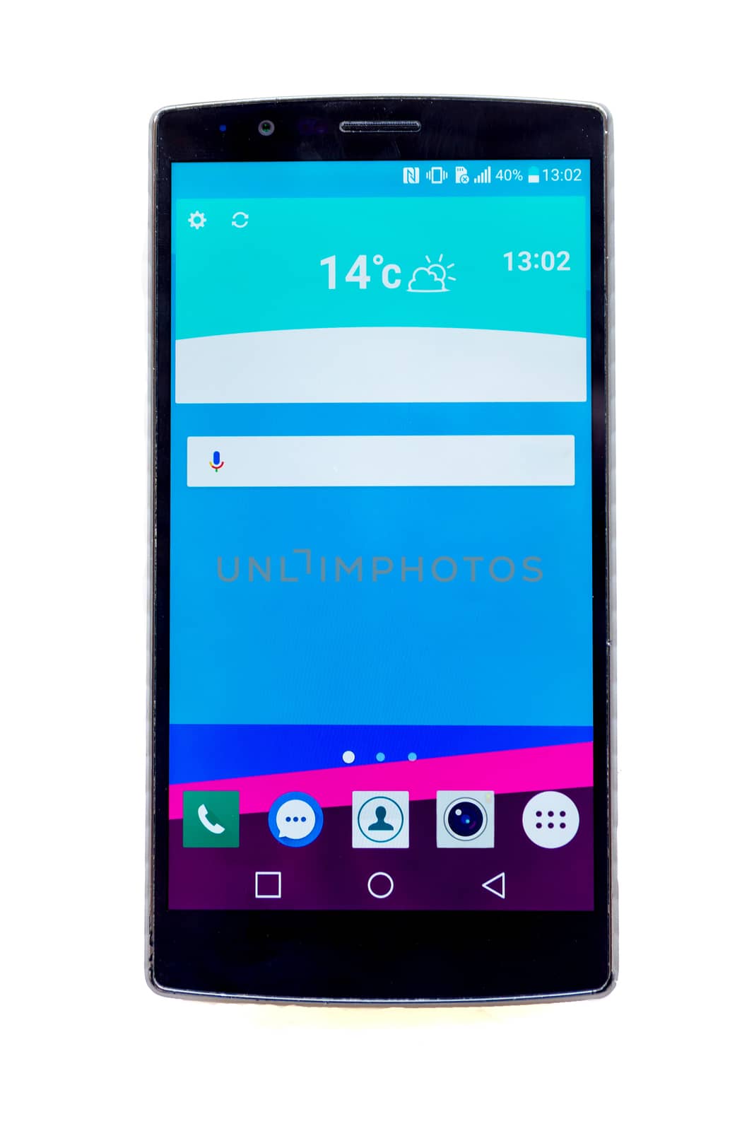 Front view of modern smartphone isolated on white background.