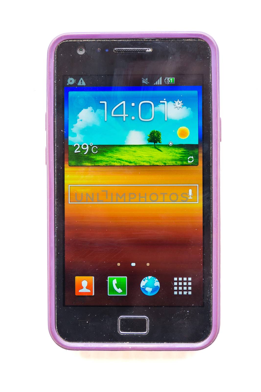 Front view of old smartphone isolated on white background.