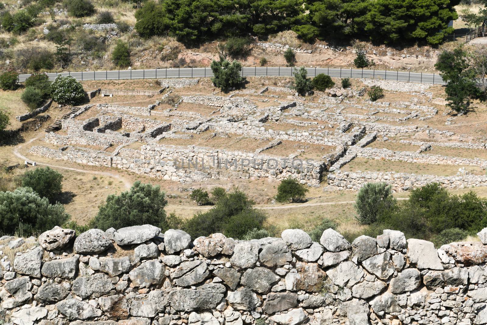 The archaeological site of Mycenae in the Peloponnese with the Lion Gate and Treasury Tombs