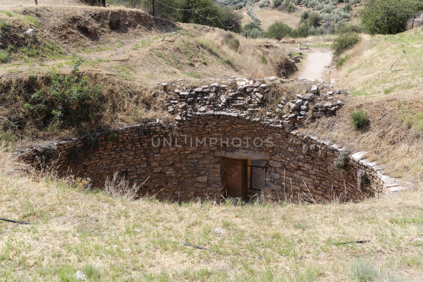 The archaeological site of Mycenae in the Peloponnese with the Lion Gate and Treasury Tombs