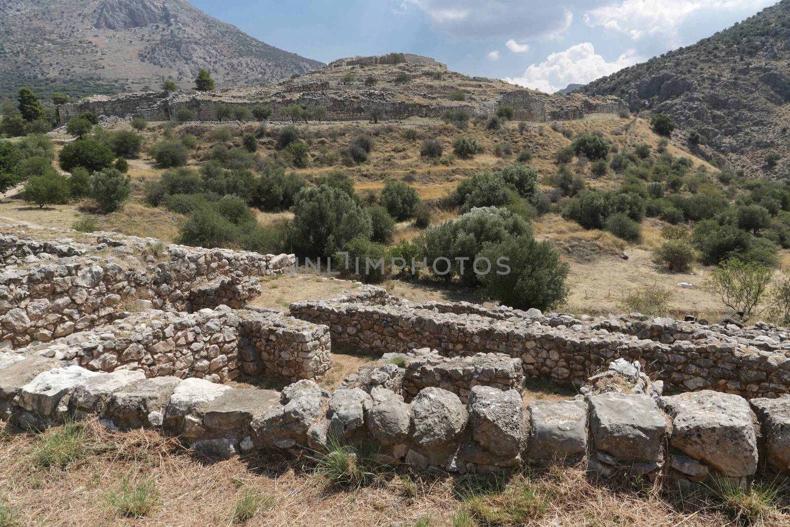 The archaeological site of Mycenae in the Peloponnese with the Lion Gate and Treasury Tombs