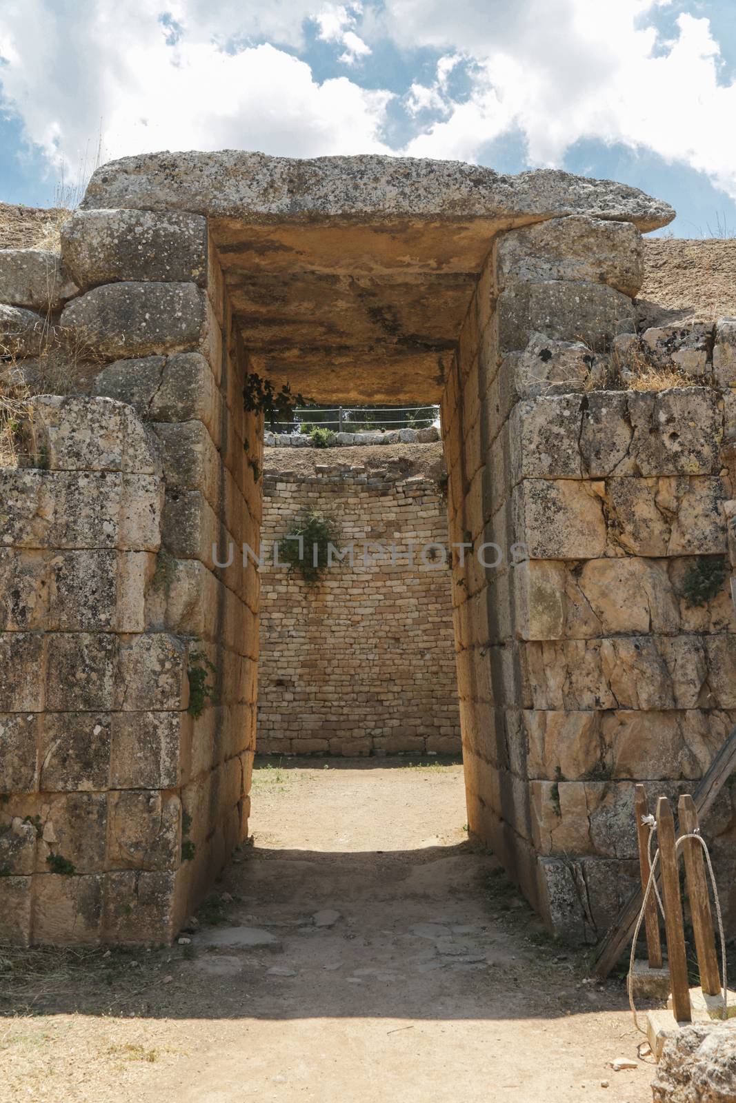 The archaeological site of Mycenae in the Peloponnese with the Lion Gate and Treasury Tombs