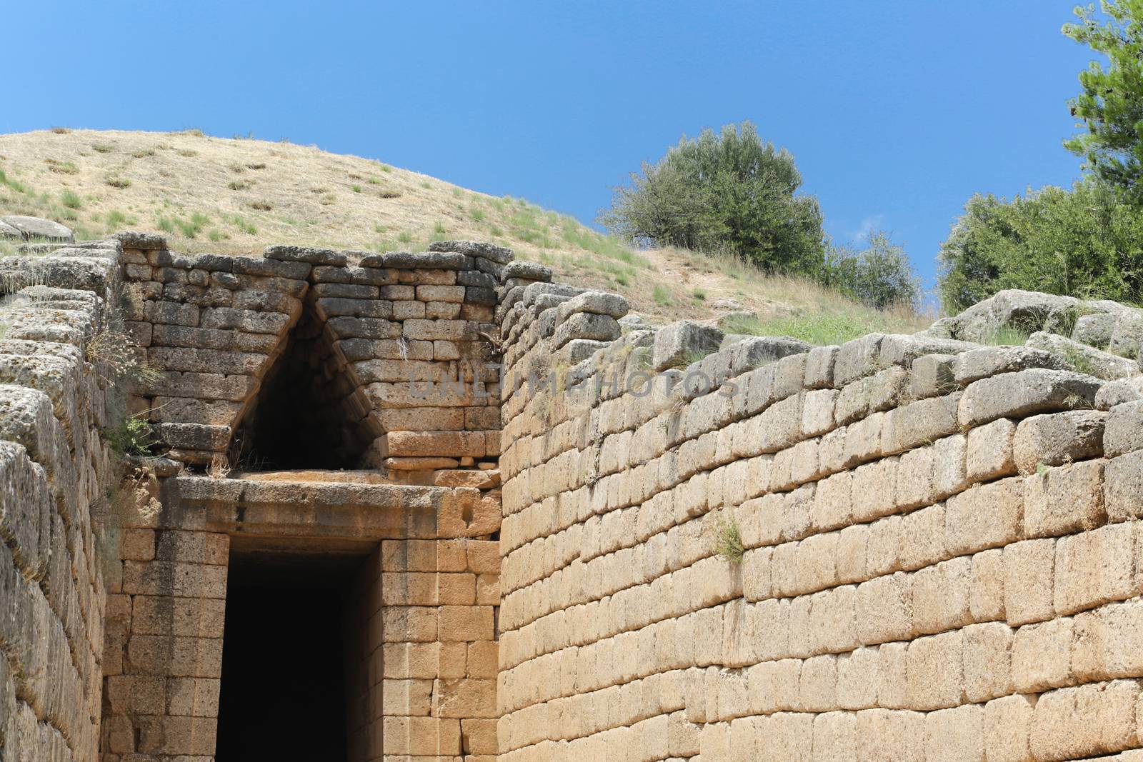 The archaeological site of Mycenae in the Peloponnese with the Lion Gate and Treasury Tombs