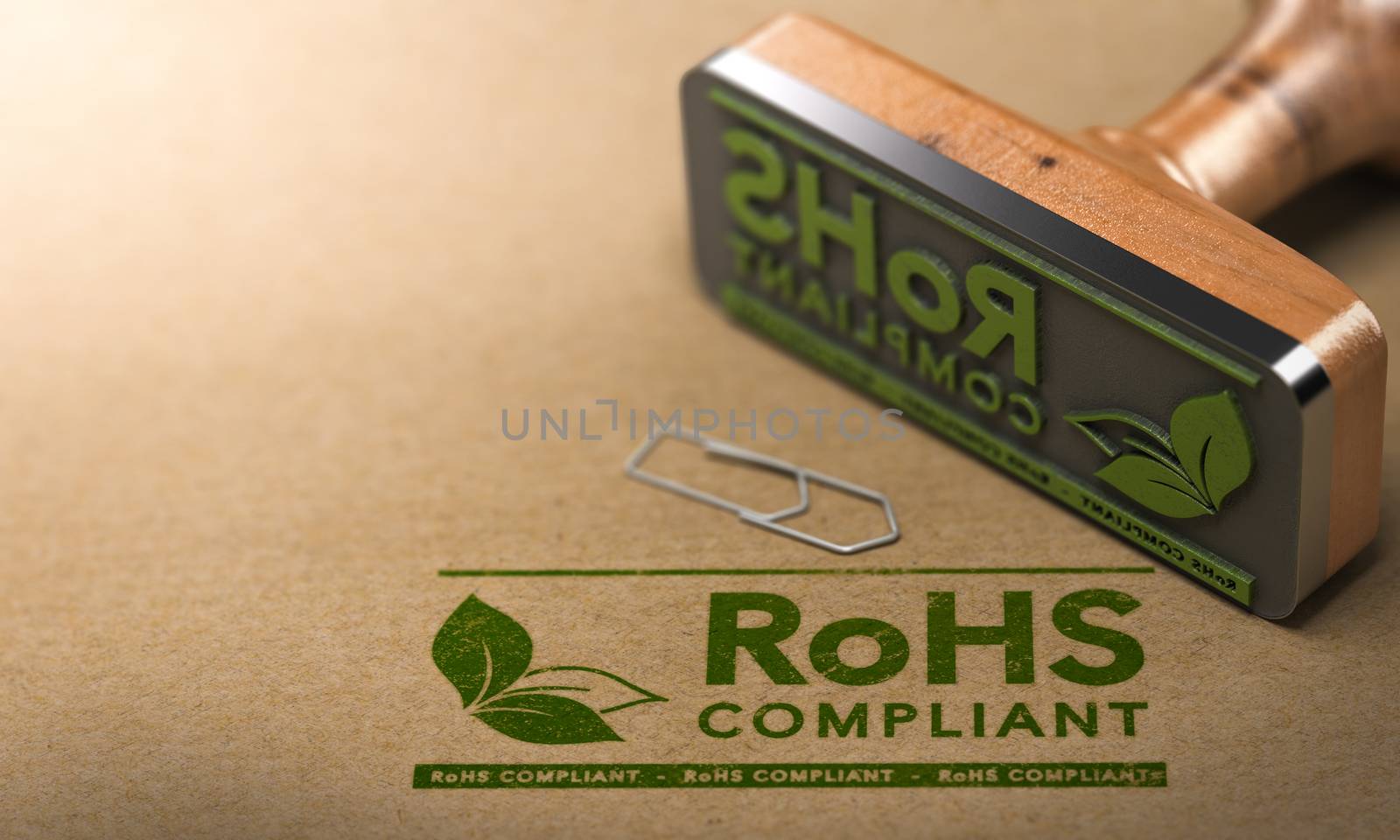 3D illustration of a rubber stamp with the text RoHS Compliant stamped on paper background.