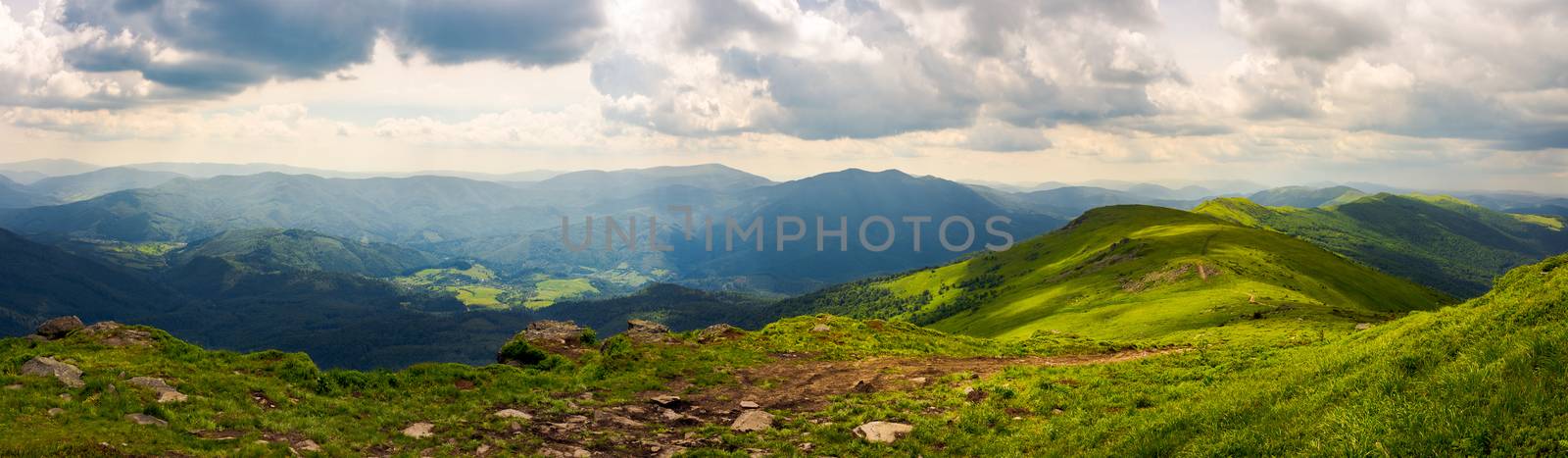 panorama of great Carpathian water dividing ridge. beautiful summer landscape Runa and Gostra mountains in the distance