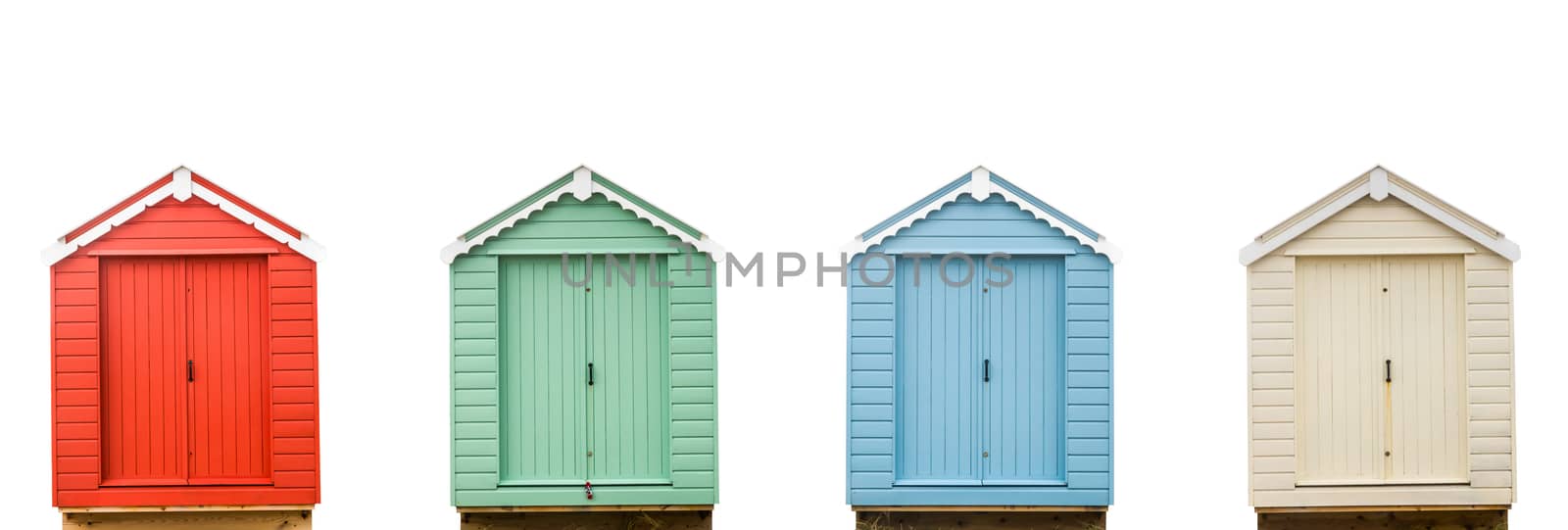 Four Isolated, Colorful Vintage Retro British Beach Huts
