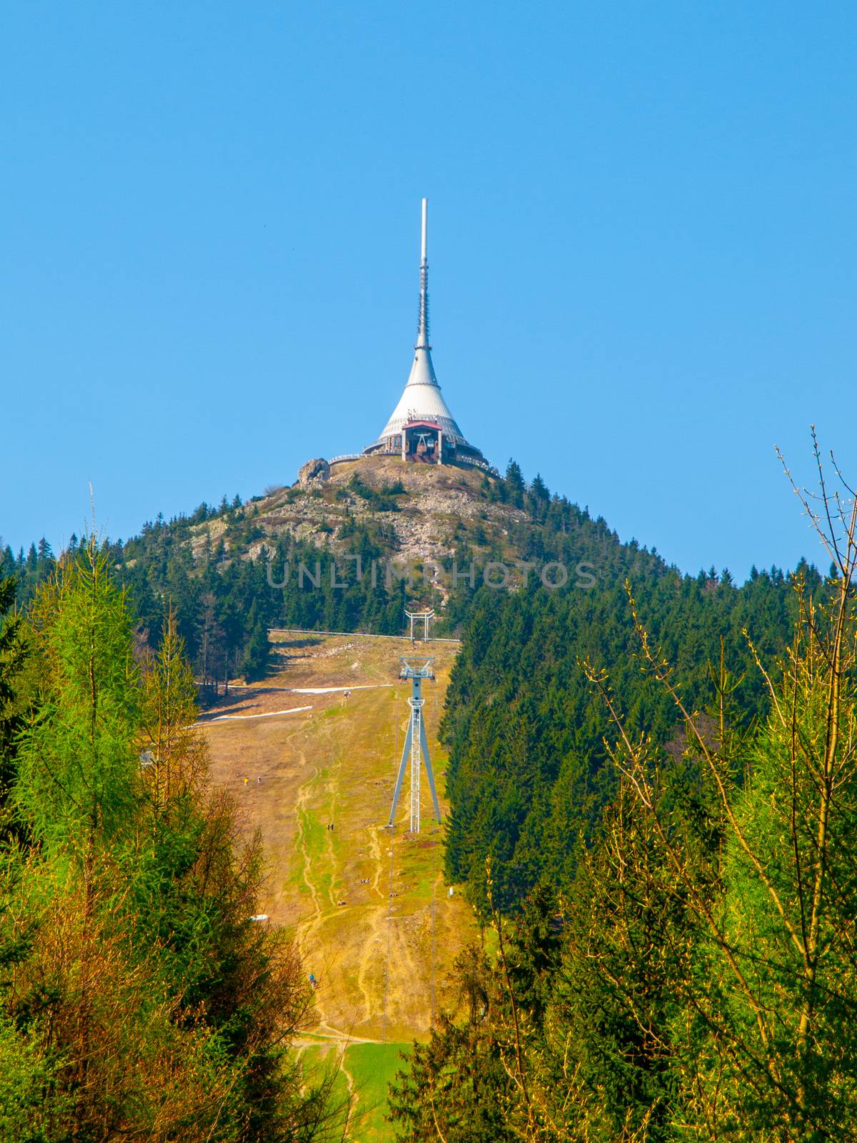 Jested - unique architectural building. Hotel and TV transmitter on the top of Jested Mountain, Liberec, Czech Republic.