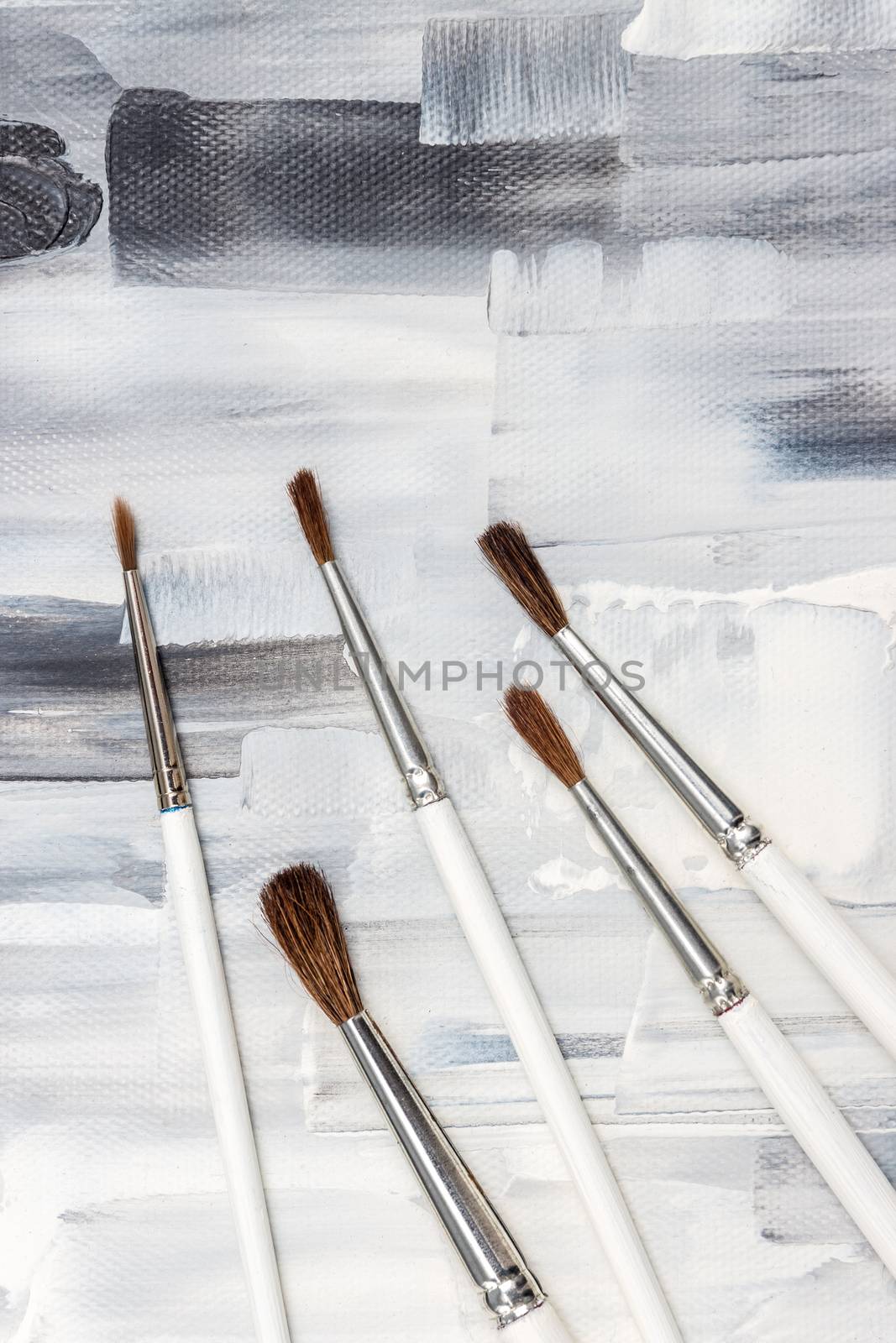 Paint brushes on black and white artistic background by anikasalsera