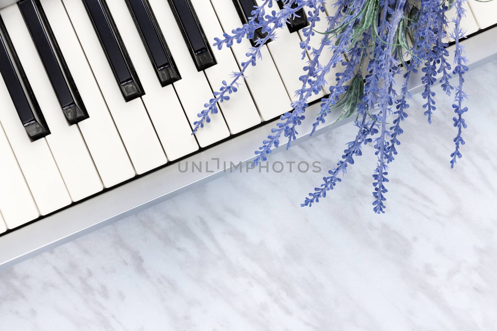 Sounds of nature. Blue lavender flowers on piano keys, on marble background.