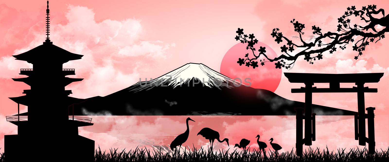 Silhouette Fuji mountain at sunset. Landscape, Mount Fuji. Mount Fuji on a pink background. 