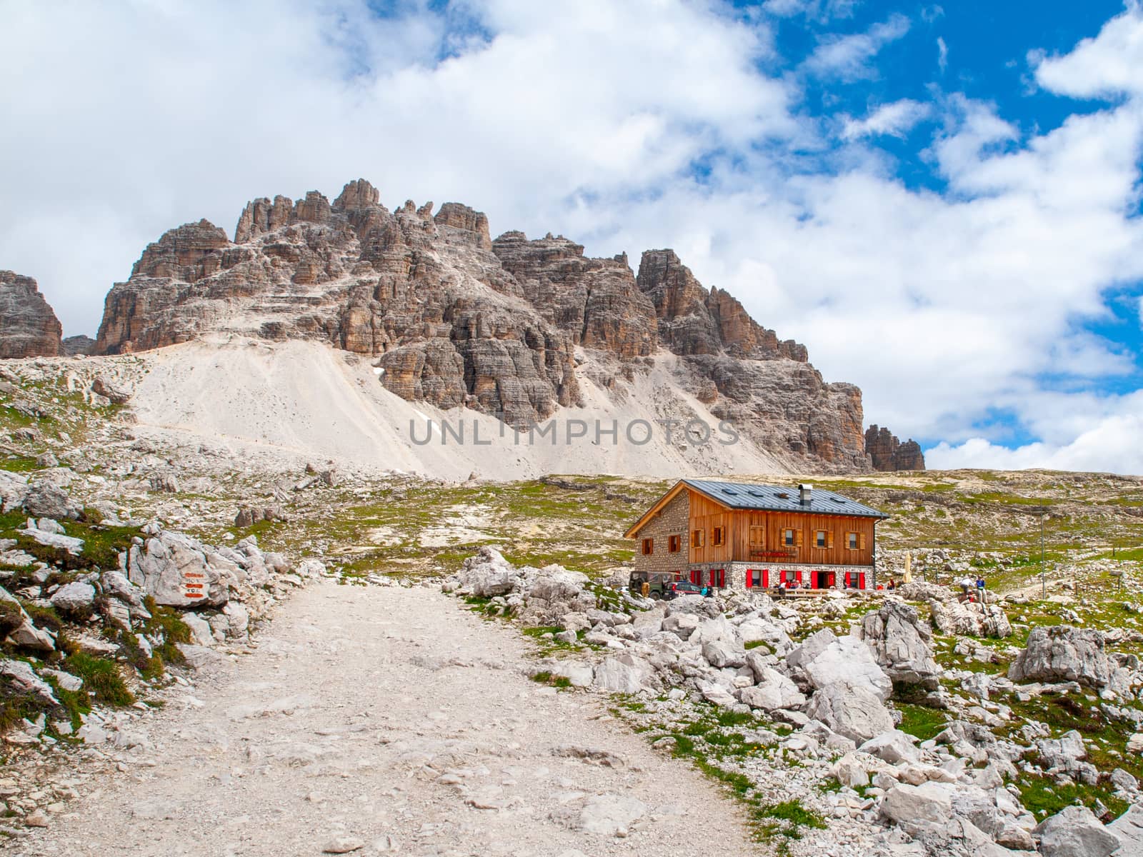 Lavaredo mountain hut, aka Rifugio Lavaredo, at Tre Cime massive, Dolomites, Italy. by pyty