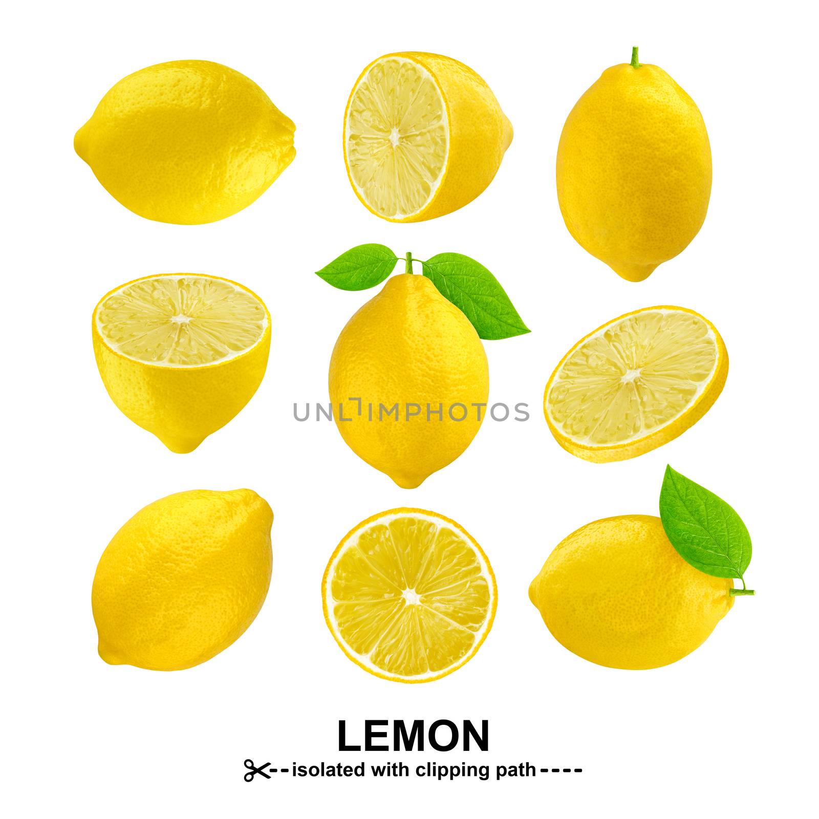 Lemons collection. Lemon fruits isolated on white background with clipping path.