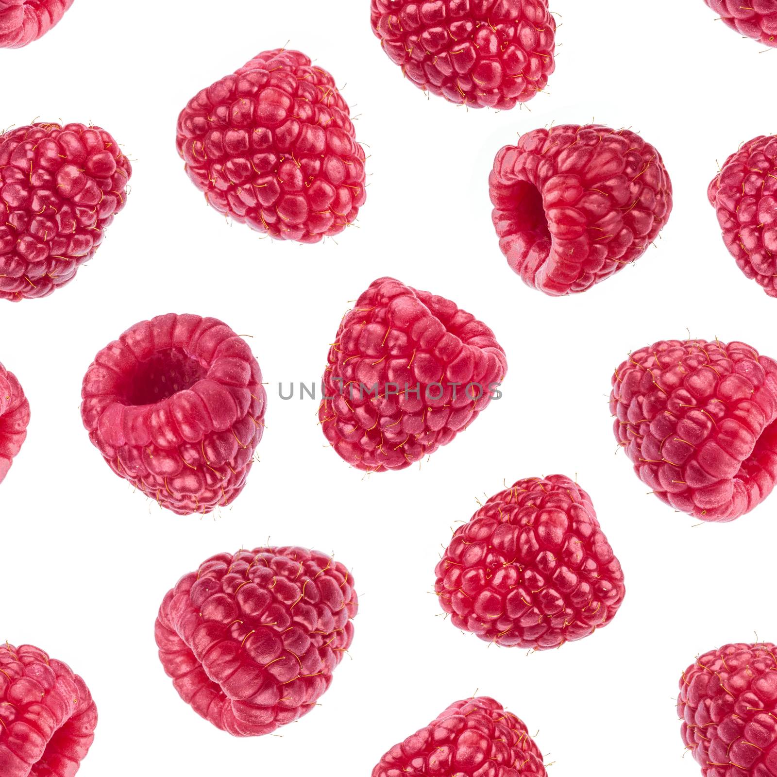 Raspberry isolated on white background. Collection of fresh raspberries. Seamless pattern