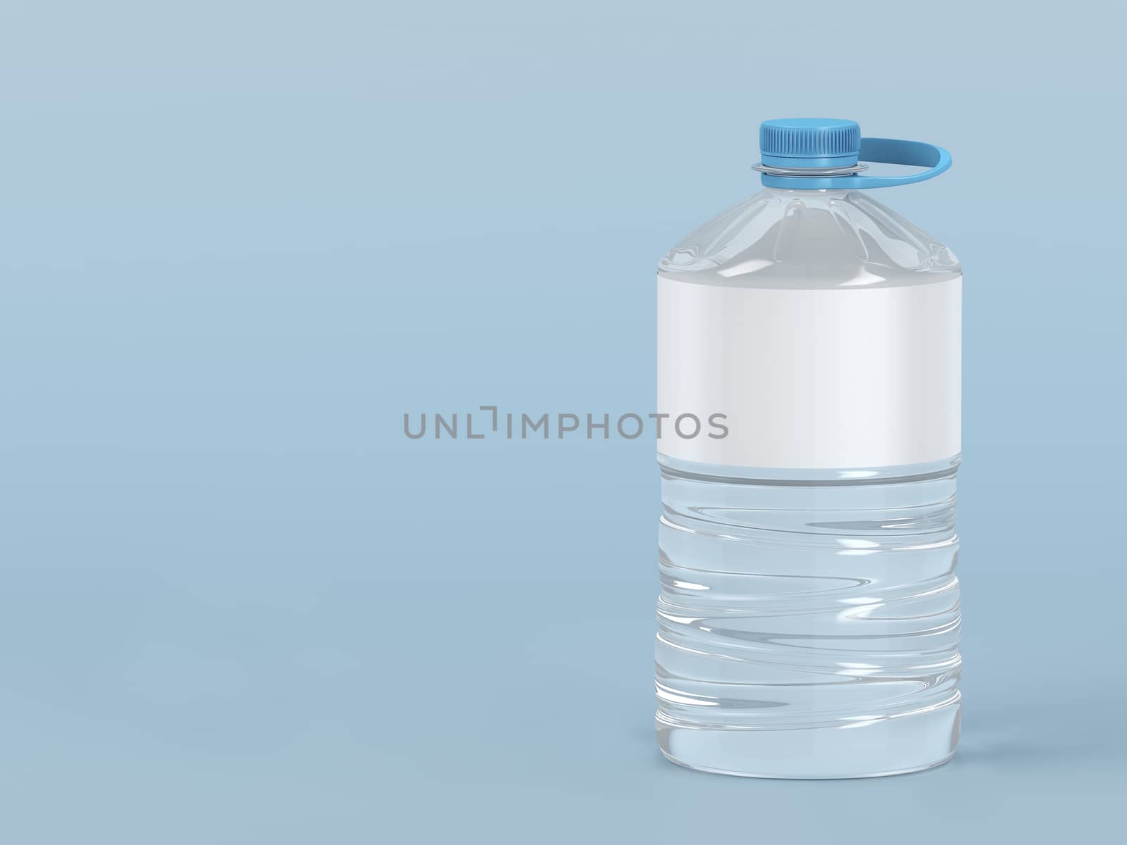 Large plastic water bottle on blue background