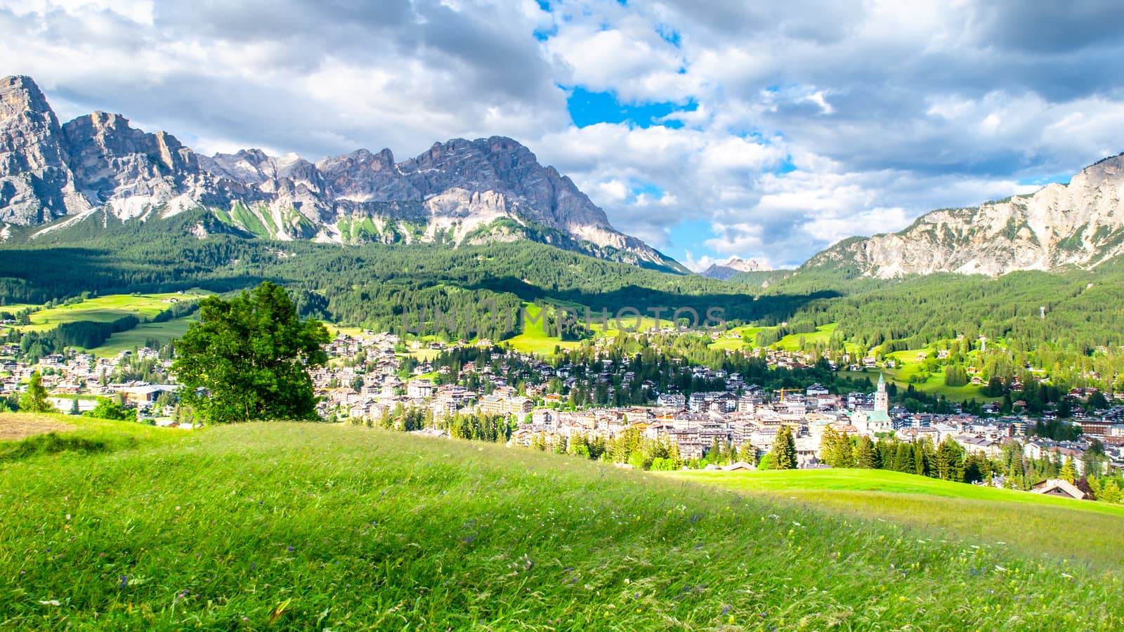 Panorama of Cortina d'Ampezzo with green meadows and alpine peaks on the background. Dolomites, Italy. by pyty