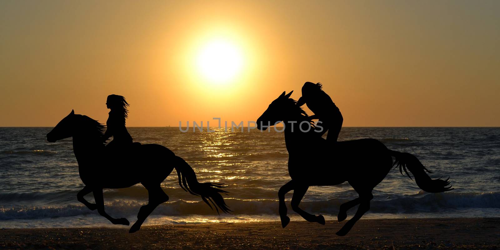 Two horse riders galloping on the beach by hibrida13