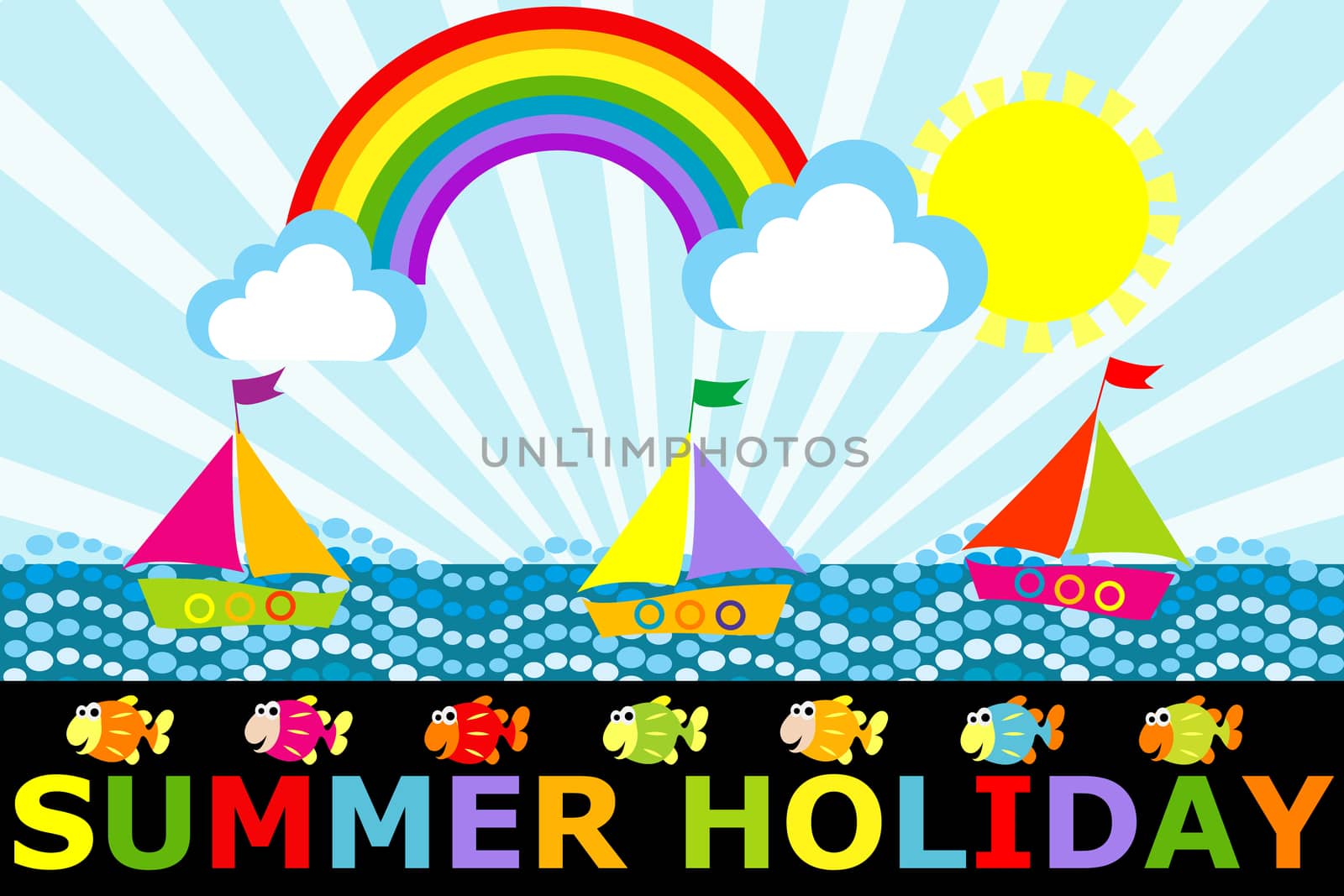 Fantasy cartoon seascape with boats and rainbow, summer holiday concept