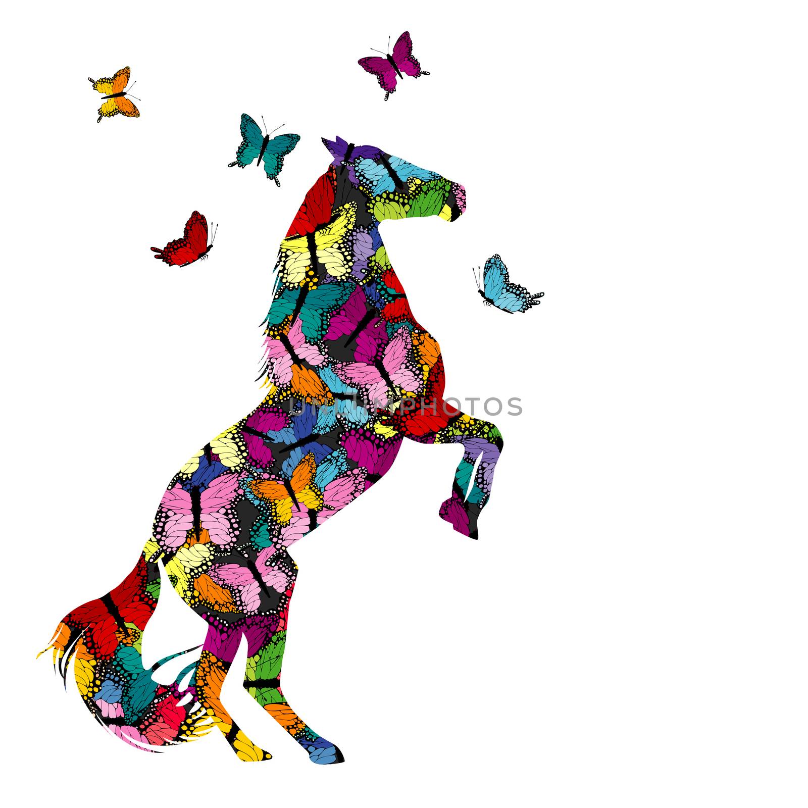 Colorful illustration with patterned horse and butterflies by hibrida13