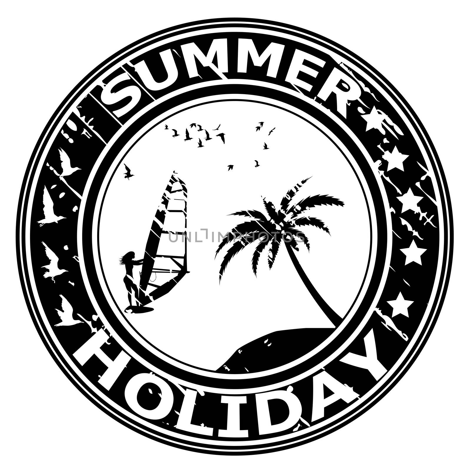 Summer holiday rubber stamp with palm tree and surfer silhouette by hibrida13