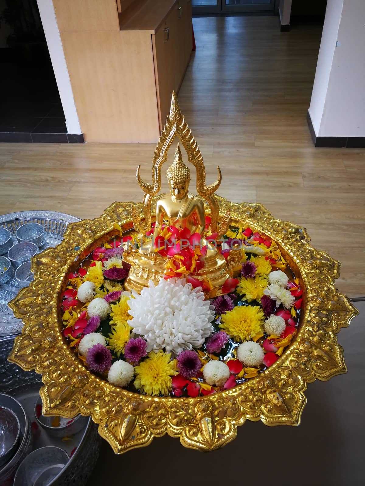 procedure of Buddhist praying from Buddha statue at Thailand happy new year festival in summer