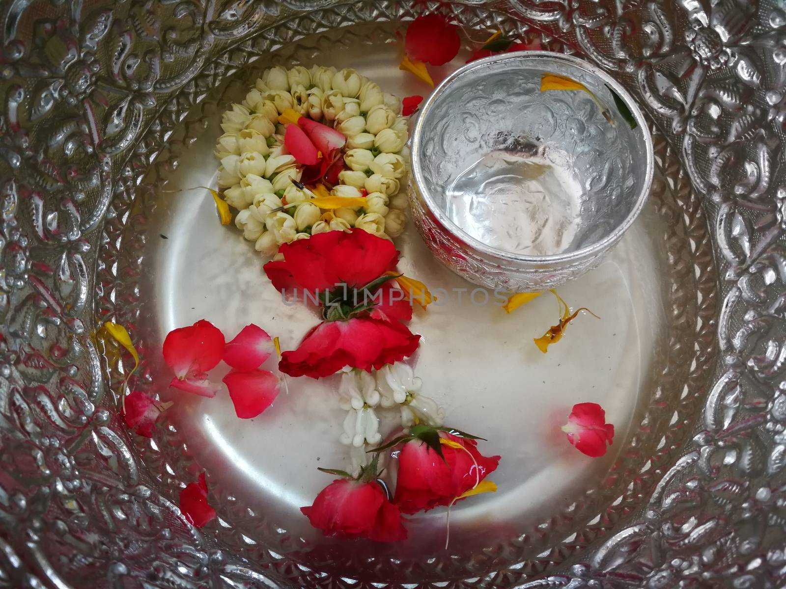 procedure of Buddhist praying from Buddha statue at Thailand happy new year festival in summer