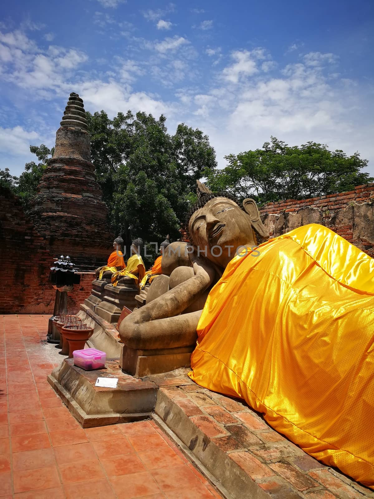 Thailand text mean Warning travelers Do not climb .The bigger Reclining Buddha in Thailand Temples at "Ayutthaya" Province that Historical Attractions.

