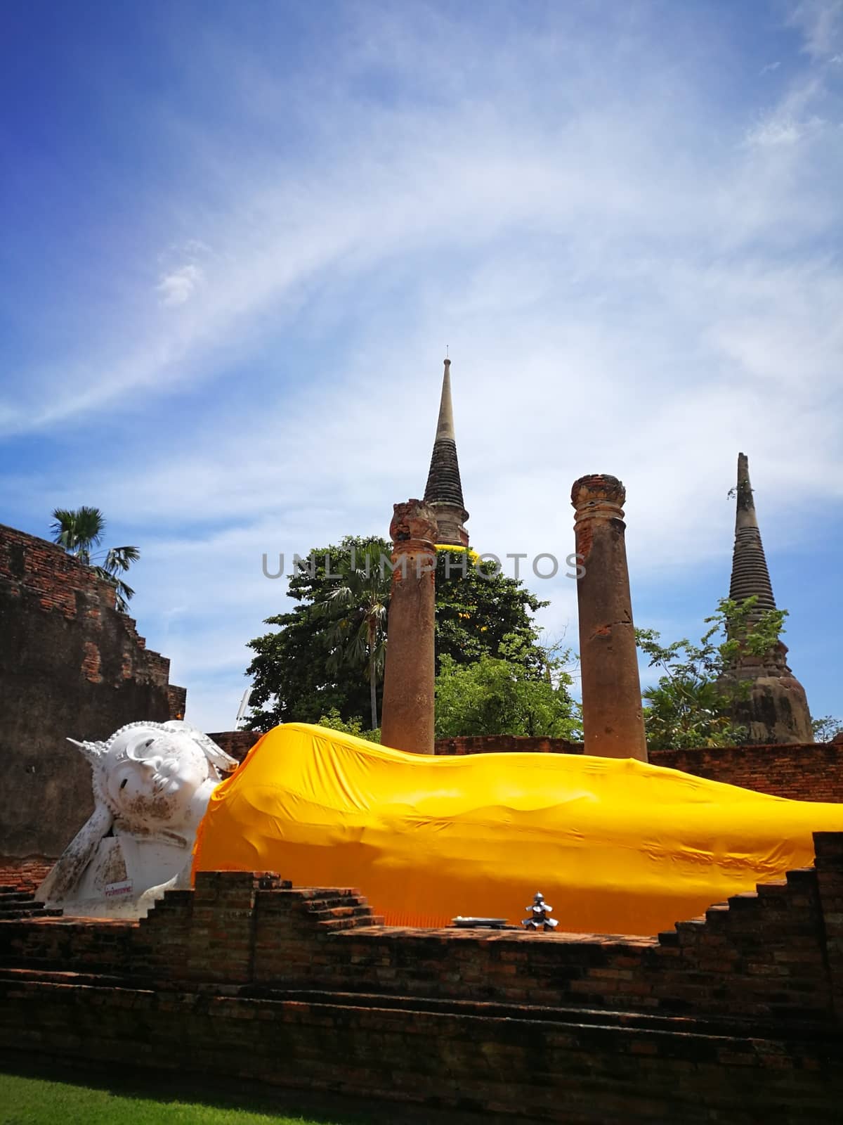 Thailand text mean Warning travelers Do not climb .The bigger Reclining Buddha in Thailand Temples at "Ayutthaya" Province that Historical Attractions.

