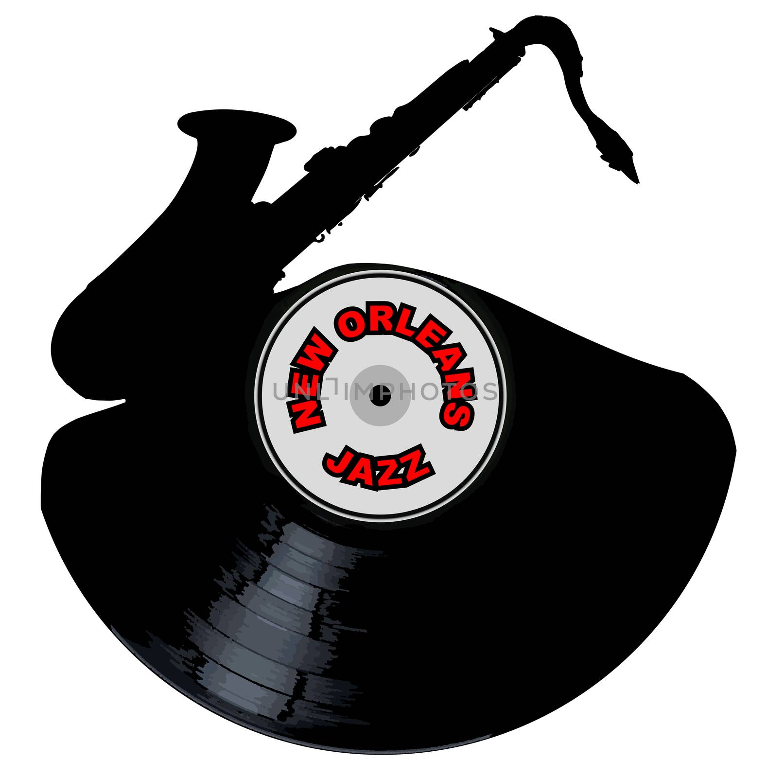 A vinyl LP record with a jazz saxophone cutout shape with the legend New Orleans Jazz all isolated on a white background