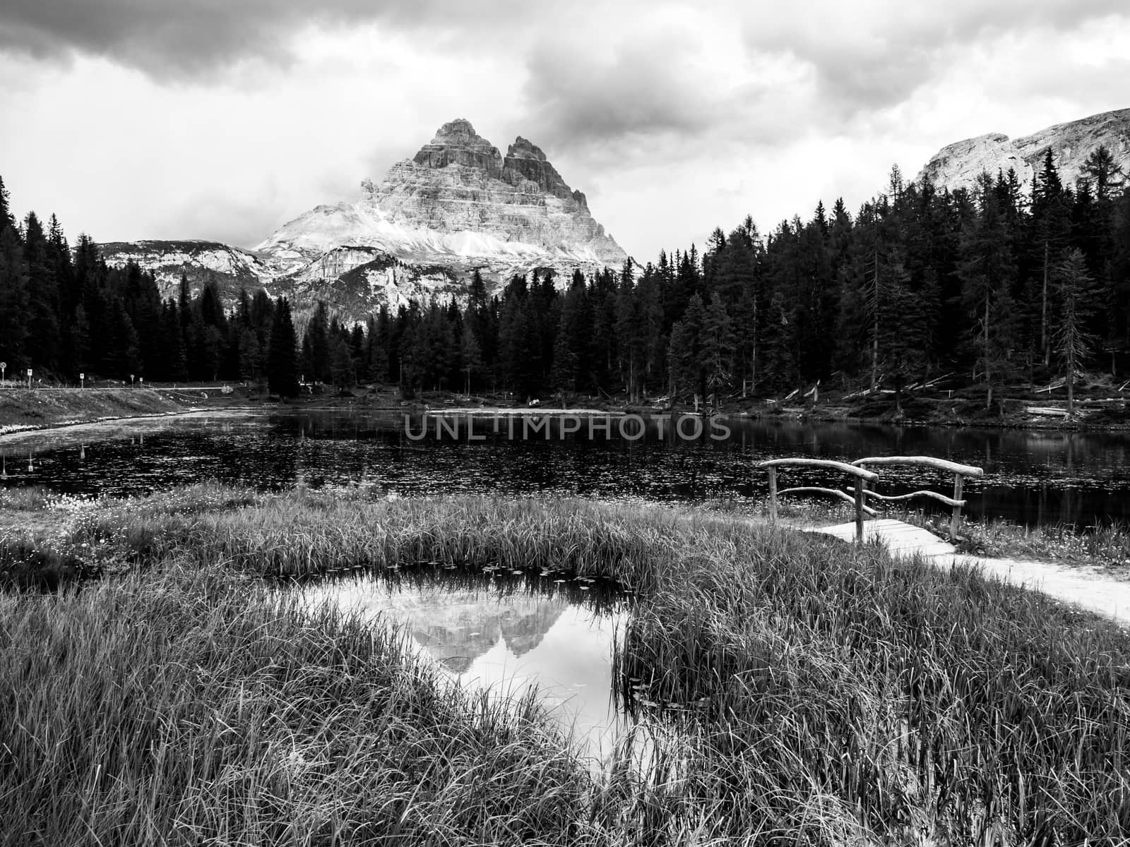 Tre Cime di Lavaredo Mountain reflected in water od Antorno Lake, Dolomites, Italy. Black and white image.