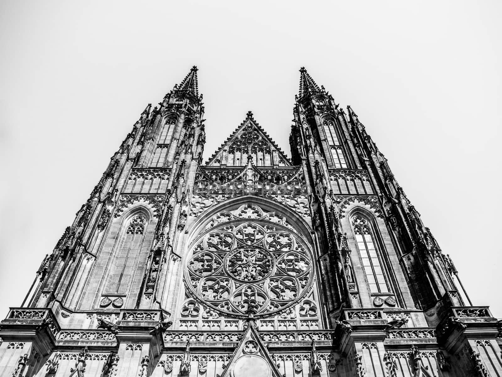 Front view of St. Vitus cathedral in Prague Castle, Prague, Czech Republic. Black and white image.