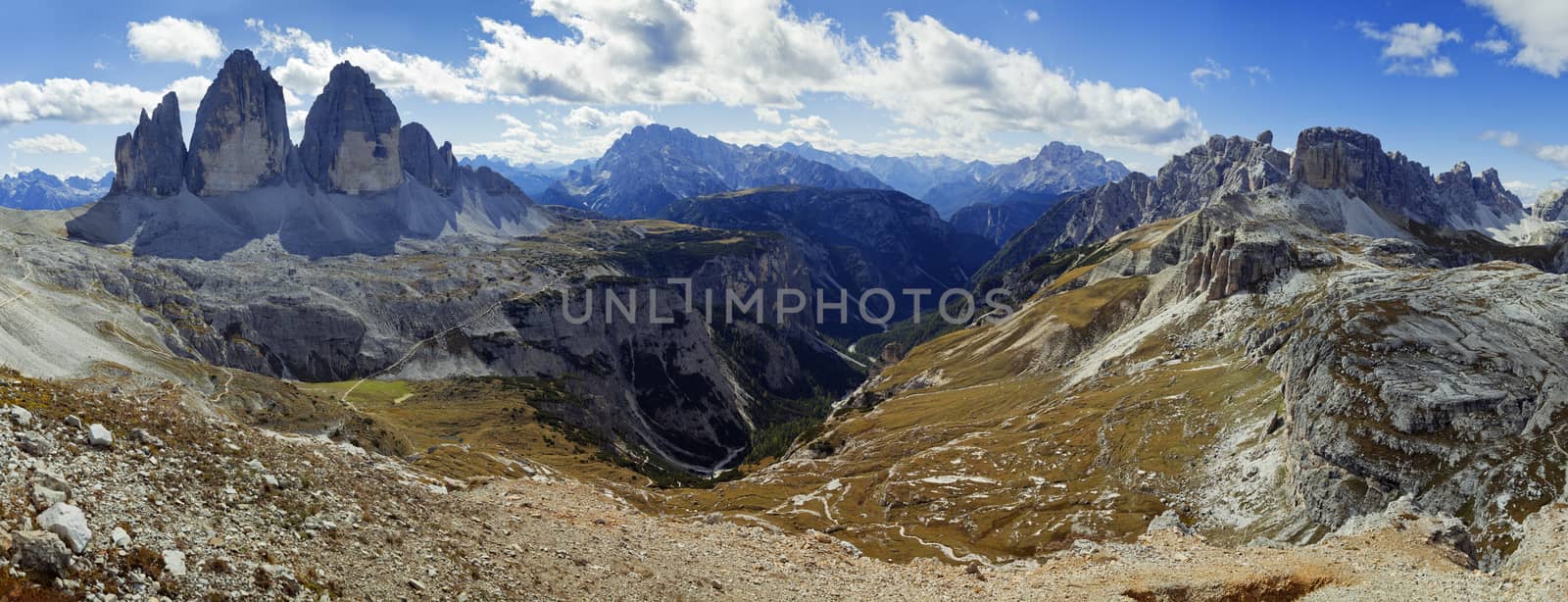 Dolomites mountains landscape with Tre Cime on a sunny autumn day